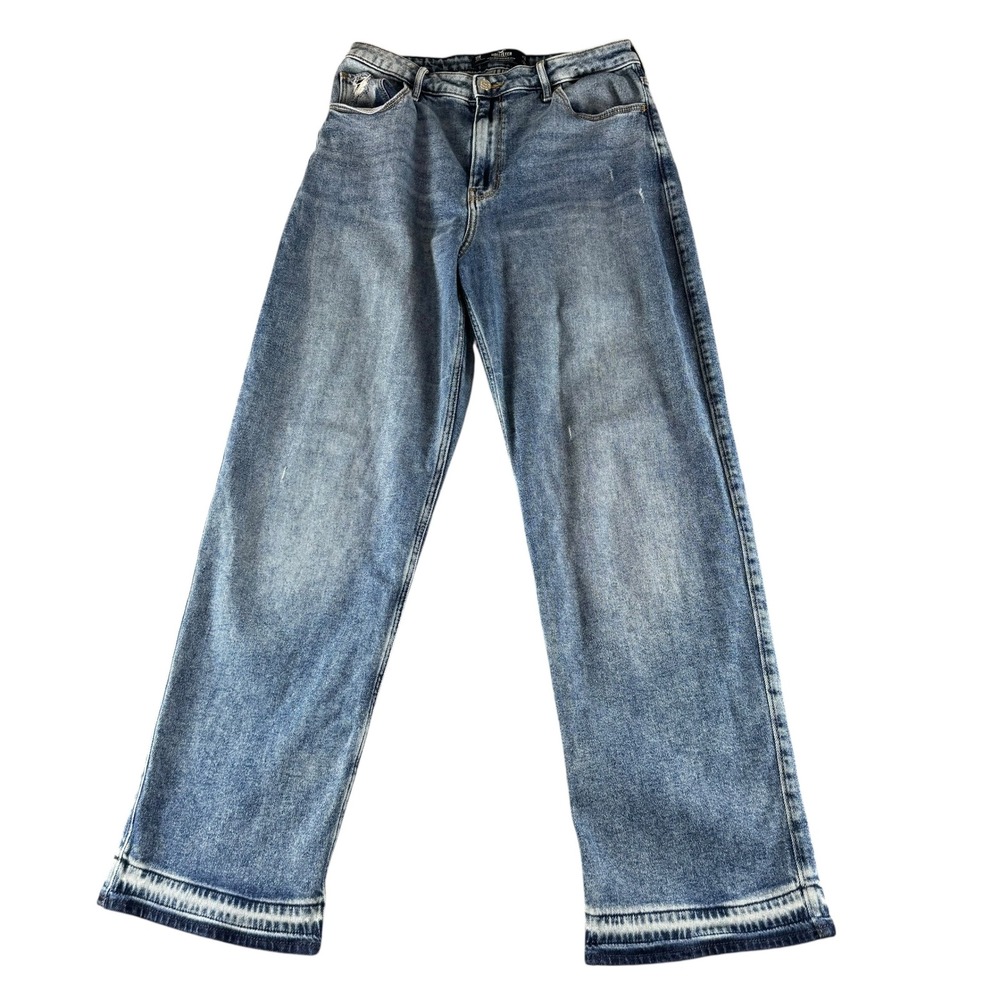 Hollister Ultra High-Rise Dad Jeans Blue Medium Wash 11R W30 L31 Stretch Raw Hem